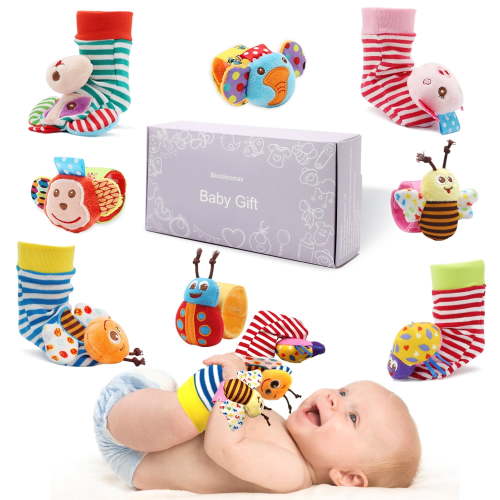 Wrist Rattles Foot Finder Rattle Sock Baby Rattle Toy, Arm Hand Bracelet Rattle, Feet Leg Ankle Socks, Birthday Holiday Birth Present for Newborn Boy Girl