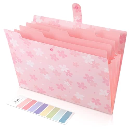 SKYDUE Pink Expanding File Folder with 5 Pockets, Cute Accordion File Organizer, Portable Receipt Paper Documents Organizer, Letter Size Filing Folder School Office Supplies