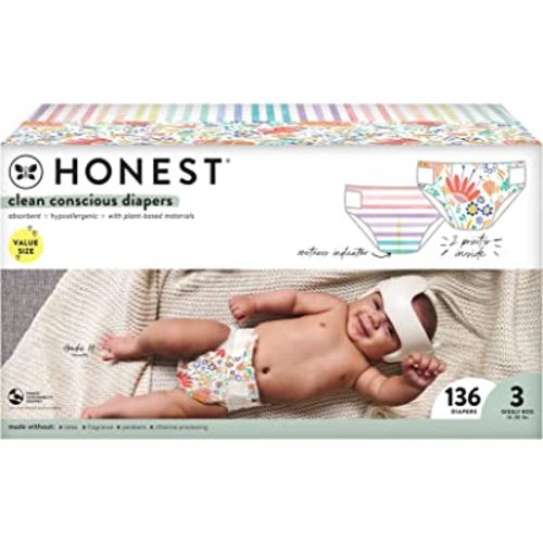 The Honest Company Clean Conscious Diapers | Plant-Based, Sustainable | Rainbow Stripes + Flower Power | Super Club Box, Size 3 (16-28 lbs), 136 Count