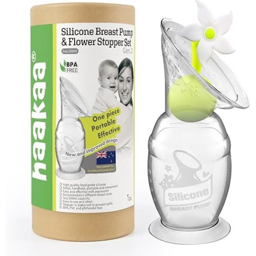 Haakaa Manual Breast Pump Silicone Breast Pump Milk Saver Milk Pump with Suction Base and Flower Stopper 100% Food Grade Silicone BPA Free (5oz/150ml) (White)