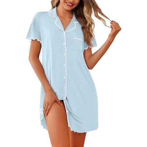 Ekouaer Nightgowns for Women Button Down Sleep Shirt Short Sleeve NightShirts Boyfriend Sleepdress Soft Pajama Dress