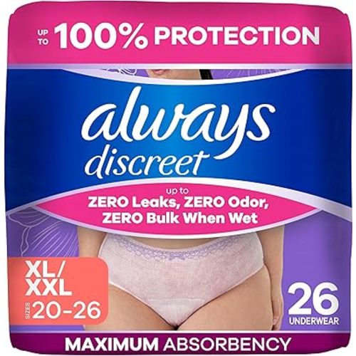 Always Discreet Adult Diapers for Women, Incontinence Underwear, Postpartum Essentials, Disposable Briefs, Max Absorbency, Bladder Leak Protection, Extra Large/XL, 26ct