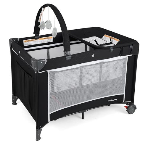 BABY JOY 3 in 1 Pack and Play, Travel Baby Crib Bassinet Bed with Bassinet, Changing Table with Safety Belt, Toy Bar, Lockable Wheels, Portable Baby Playard from Newborn to Toddler