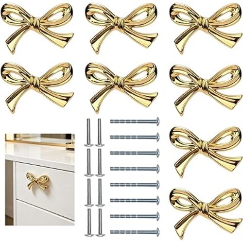 8Pcs Gold Bow Knobs for Dresser, Bow Drawer Knobs, Nice Bow Knobs Drawer Handles, Bow Shape Decorative Hardware for Desk, Wardrobe, TV Cabinet and Bookcase, Adds a Touch to Home Furniture