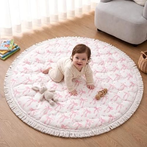 Lyrow Pink Bow Baby Play Mats for Floor 40" Round Play Activity Mat Pink Bow Nursery Decor Cute Infant PlayMats with Fringed Edges for Tummy Time and Floor Activities Newborn Baby Essentials Gift