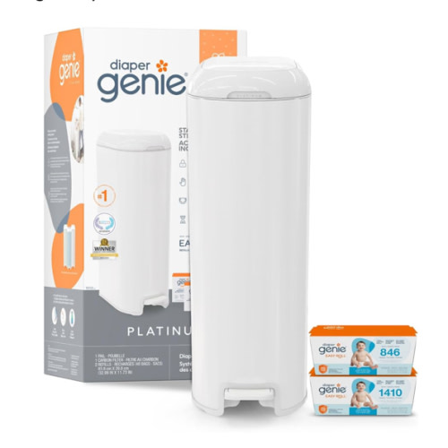 Diaper Genie Platinum Pail Gift Set, Lily White, Made of Durable Stainless Steel and Includes 2 Easy Roll Refills with 18 Bags and 30 Bags
