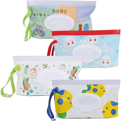 FEBSNOW 4 Pack Baby Wipes Container, Reusable Portable Wet Wipe Pouch, Wipe Dispenser Container, Baby Travel Wet Wipe Holder