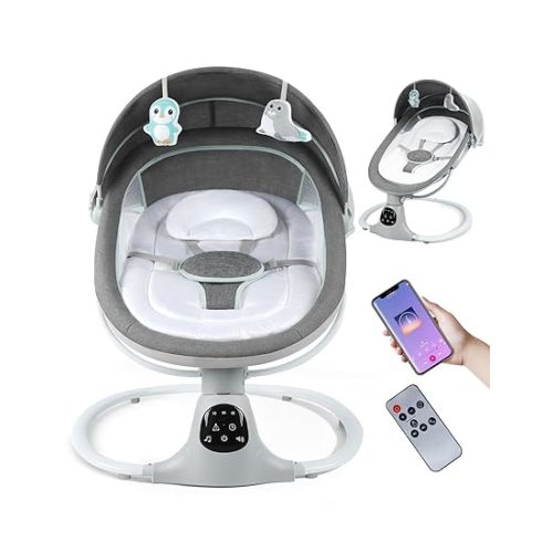 Electric Baby Swing for Infants to Toddler, Portable Swing Rocker with 5 Point Harness, 5 Sway Speed, Bluetooth,12 Preset Lullabies with Remote Control, Infant Swing for Baby Boys & Girls, Grey