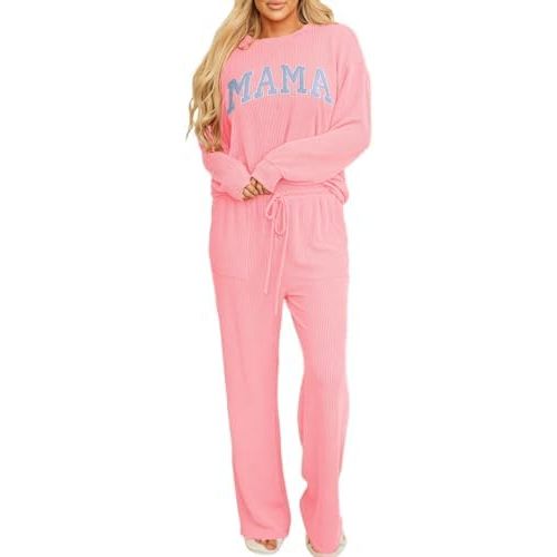Women Pajamas Set Loungewear Ribbed Long Sleeve Top and Pants with Pockets Lounge Pj Set Sleepwear