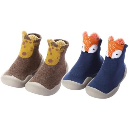 2 Pairs Baby Sock Shoes Toddler Infant Non Slip Soft Rubber Sole Slippers First Walking Shoes for Baby Boys Girls