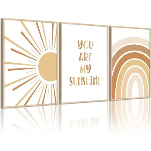 Baccone Boho Nursery Wall Art Baby Girl Wall Decor Kids Rainbow Canvas Wall Art You Are My Sunshine Pictures Toddler Sun Prints Nursery Artwork for Room Bedroom Set of 3 12x16 Inch Unframed