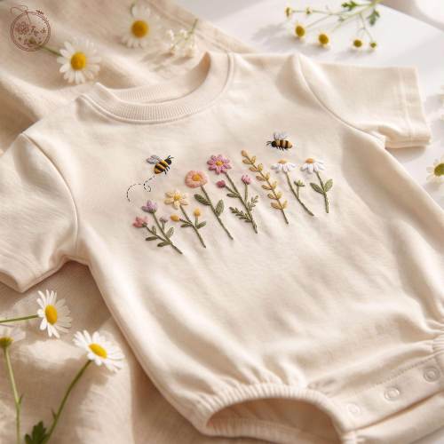 EMBROIDERED Wildflowers Baby Romper, Daisy Floral Bumble Bee Baby Clothes, Botanical Onesie, Bee Baby Announcement Gift, Flower Baby Outfit
