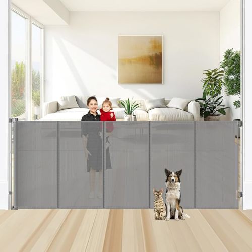 Reinforced 48" Extra Tall Dog Gate with Support Rods, 4 Ft Tall Retractable Dog Gates for Doorways 55" Wide Mesh Baby Gate for Cats - Prevent Baby/Pet from Jumping Over, Gray