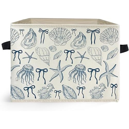 Blue Coquette Bow Coastal Storage Box Bins, Beach Seashell Starfish Jellyfish Collapsible Storage Basket Organizer for Bedroom Laundry Room Home Clothes Books, Decor for Room
