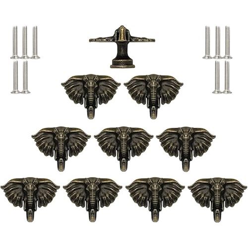 Elephant Cabinet Knobs Animal Drawer Knobs, 10 Pcs Vintage Decorative Head Knobs Pulls Handles, Metal Animal Dresser Knobs, for Door Drawer Cupboard Closet (Bronze)