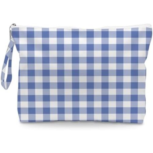 Wet Dry Bag, Wet Bag for Swimsuit, Diaper Sunscreen Large Zipper Pouch Waterproof Pouch, Beach Bags for Women, For Ladies Girls Friends Colleagues and Sisters Blue and White Gradient Plaid Gifts
