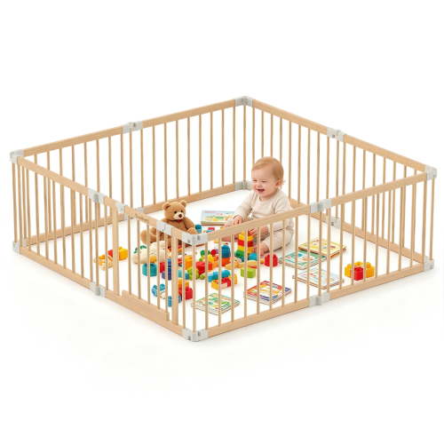 TouHeart Wooden Playpen for Baby & Toddlers, Foldable Large Baby Safe Play Fence Yards With Gate, 8 Panels, 69"x69"x24"