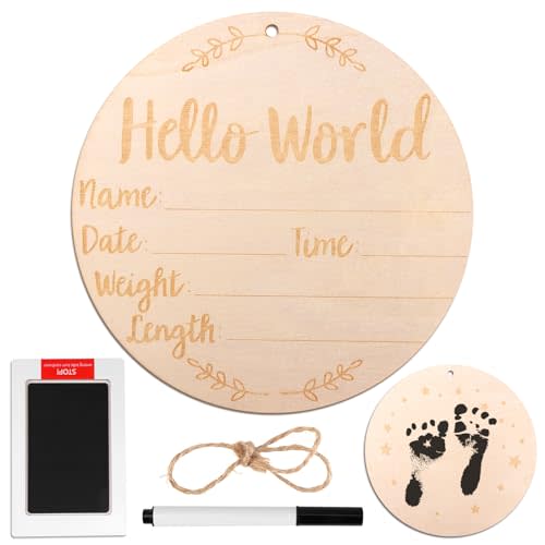 Hello World Newborn Sign, Wooden Birth Announcement Board 5.9 Inch, Double Sided Baby Announcement Sign Name Stats Plaque with Ink Pad Pen and Rope for Hospital Photos Nursery Decor Shower Gift