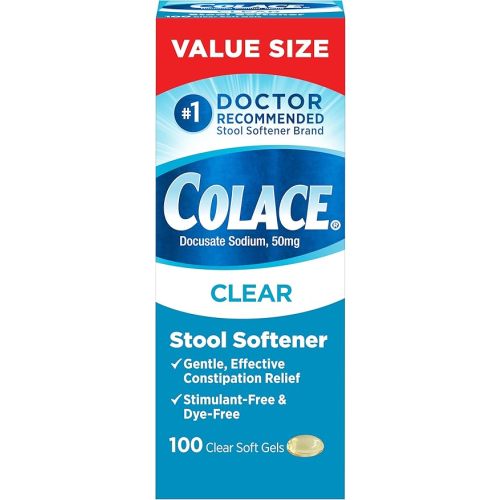 Colace Clear Stool Softener for Gentle Effective Constipation Relief, #1 Doctor Recommended Stool Softener Brand, Dye Free, 50 mg Docusate Capsules, 100 Count