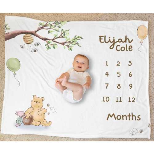 Classic Winnie The Pooh Custom Milestone Blanket, Personalized Monthly Milestone Blanket, Newborn Custom Name Blanket, Personal Baby Gift