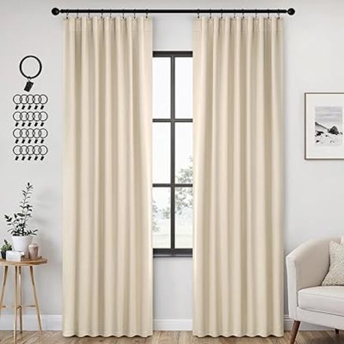 ANRODUO Back Tab Blackout Curtains for Bedroom Living Room, Rod Pocket Pinch Pleated Thermal Insulated Room Darkening Curtains 84 Inches Long 2 Panels, Cream Beige, 42 x 84 Inch