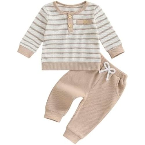 Baby Boy Fall Outfits Waffle Striped Toddler Boy Sweatshirt Pullover Tops Pants Infant Baby Fall Winter Clothes
