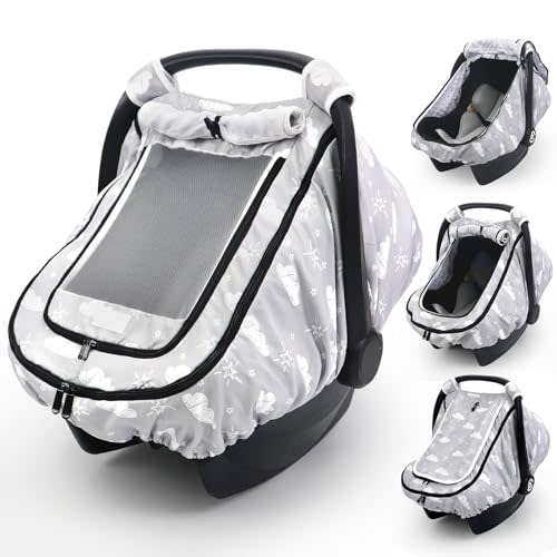 Infant Car Seat Cover, with Mesh and Zipper, Cloud Gray | 2 Layers, All Season Available, 4 Usage Modes, Windproof, Oversize Window Easy Access Carseat Covers Snug Fit Baby Stroller