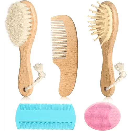 Goat Baby Hair Brush Set, Wooden Comb Massage Scalp Comb, Safe Natural Hair Care Kit, Soft Silicone Bath Brush for Newborns Toddlers (Brush Set+ Pink Massager)