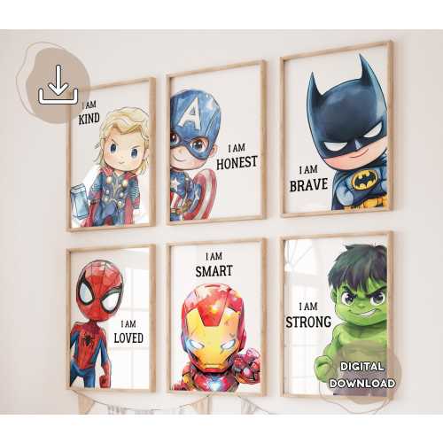 6 Nursery Superheroes Prints - Kids Affirmation Poster, Gift for Boys, Baby Boys Room Decor, Superheroes Playroom Decor, Prints for Kids