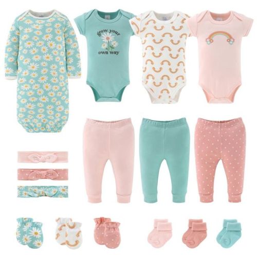 The Peanutshell Carefree Floral Newborn Layette Set for Baby Girls, 16-Pieces, Pink/Aqua, 0-3 Months