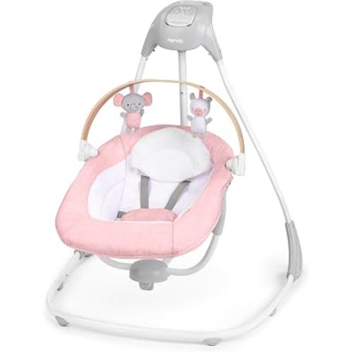 Ingenuity SimpleComfort Compact & Portable Multi Motion Baby Swing - Pink | Newborn to 9 Months, Rotates 180° & Swings 3 Ways, 6 Speeds, 8 Melodies, 3 Timer Modes, Vibrations & Nature Sounds