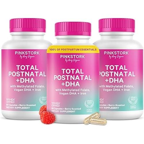 Pink Stork Total Postnatal Vitamins for Women with Vegan DHA, Iron, Folate, and Vitamin B12, Postpartum Recovery Essentials, Daily Supplement for Breastfeeding Moms - 3 Month Supply