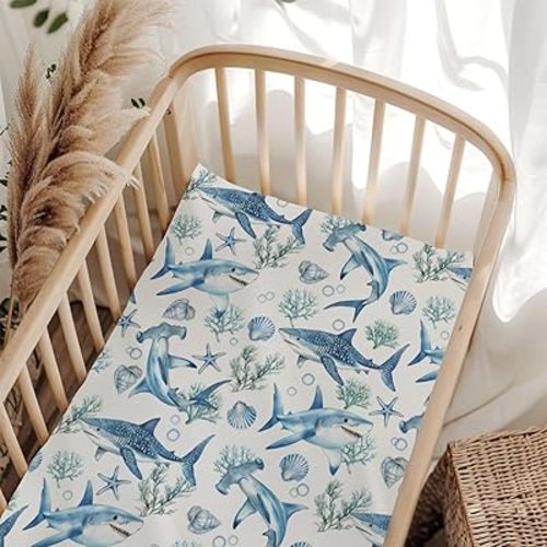 Watercolor Blue Whales Shark Conch Coral Fitted Crib Sheet for Baby Girls Boys 28"x52" Soft Boho Sea Animals Starfish Baby Sheet for Standard Crib and Toddler Ocean Nautical Crib Sheets