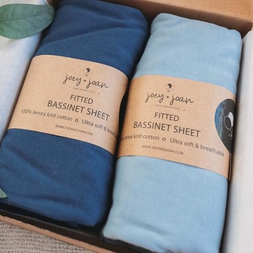 Joey + Joan Bassinet Fitted Sheets for Delta Children and Simmons Kids Bassinet - Fits 16 x 32 Inch Oval Bassinet Mattress Pad – Buttery Soft 100% Cotton – Dusty Blue + Navy – 2 Pack