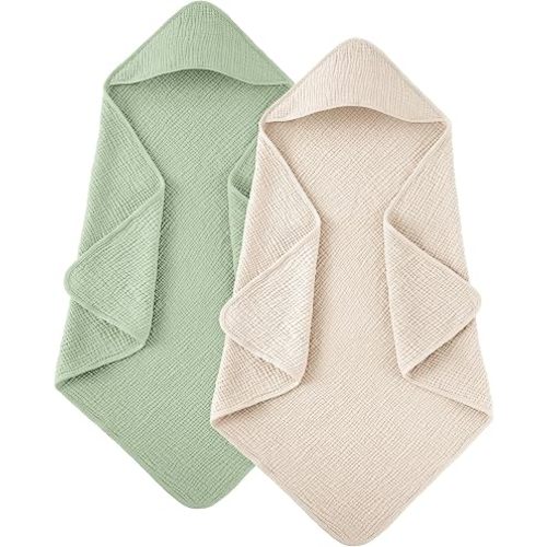 Susurration Hooded Baby Towels for Newborn 2 Pack 100% Muslin Cotton Towel for Babies，Highly Absorbent and Newborn Essential 30x30 Inch (White&Green)