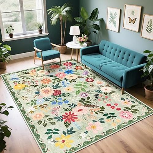 6x9 Area Rugs for Living Room: Floral Washable Rug Vintage Large Soft Boho Non-Slip Carpet Indoor Stain Resistant Thin Carpets for Bedroom Dining Room Farmhouse Nursery Hallway Home Office Green