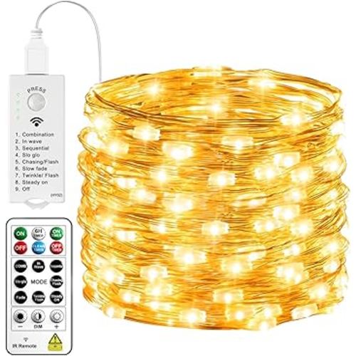 HXWEIYE Rechargeable Fairy Lights with Remote & DIY Timer, 33ft 100LED Battery Operated Twinkle String Lights, 8 Modes Decor Light for Bedroom Indoor Wedding Dorm Christmas Tree Party (Warm White)