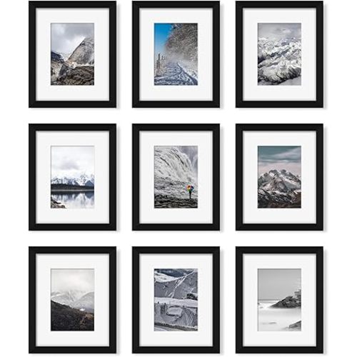 8x10 Picture Frame Set of 9, Display Pictures 5x7 with Mat or 8 x 10 Without Mat, Multi Photo Frames for Wall Mounting or Table Top Display, Black