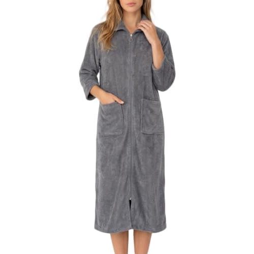 Womens Zipper Robe, Terry Cloth Bathrobe Three Quarter Sleeve Pockets