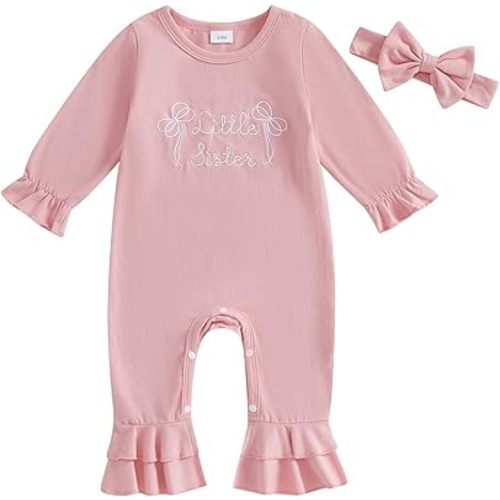 KKCVMOMOQ Newborn Baby Girl Clothes Long Sleeve Little Sister Embroidery Onesie Romper Summer Hospital Coming Home Outfit (A-Pink, Newborn)