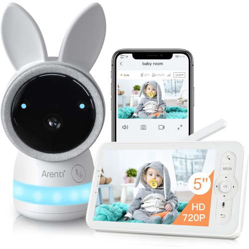 ARENTI 2K Ultra HD WiFi Nanny Camera, Baby Monitor 5" Display, Night Vision, Lullabies, Cry Detection, Motion Detection, Temp & Humidity Sensor, Two Way Talk