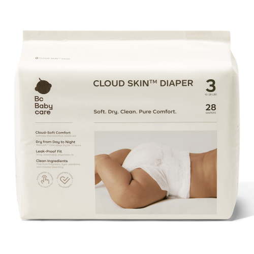Bc Babycare Cloud Skin Disposable Baby Diapers, Ultra Soft, Hypoallergenic, 12-Hour Leak Protection and Dry, Size 3(16-28 lbs), 28 ct