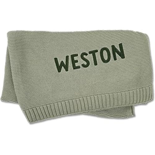 Hickory Hollow Designs Personalized Baby Blanket with Name, Embroidered Baby Blanket, 100% Cotton, Green Throw Blanket, Knitted Blanket, Personalized Name Blanket, Green Blankets, Baby, (Light Green)