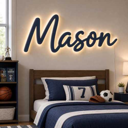 Personalized Wooden Name Sign, LED Backlight Boys Room Decor, Custom Kids Wall Art