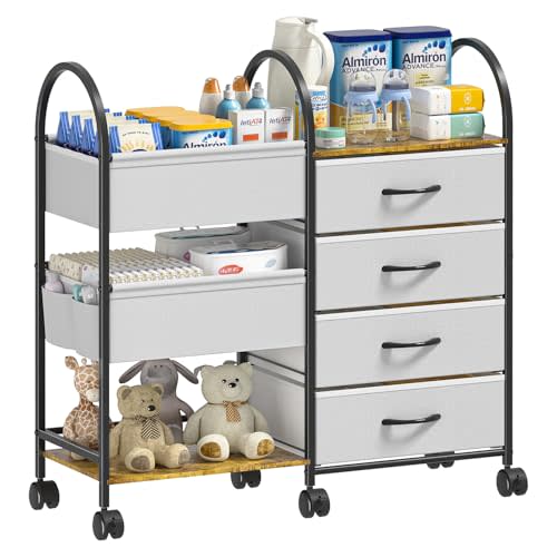 ONWAYHOME Baby Diaper Caddy Organizer Cart with Wheels, 4-Tier Rolling Diaper Cart with Dividers and Drawers, Multi-Layer Nursery Storage for Diapers & Baby Essentials