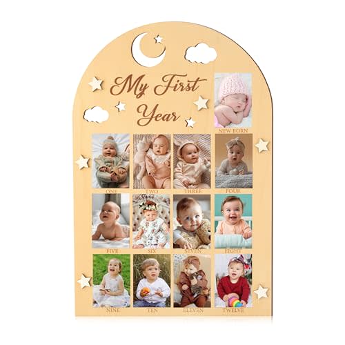 R HORSE My First Year Photo Frame Board - 3D Star Baby First Year Picture Frame 12 Months Milestone Photo Display Wood Board Baby Keepsake 1st Birthday Nursery Decor Gift for Boy Girl