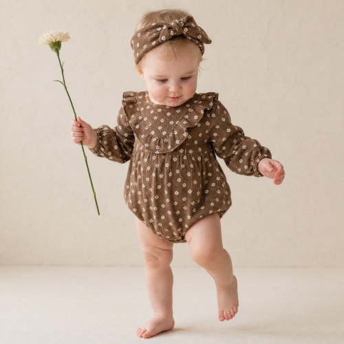 Organic Ruffle Bubble Romper - Chestnut Bloom – Makemake Organics