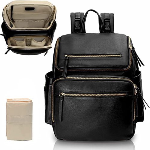 Omanmoli Diaper Bag Backpack Baby Diaper Bag Leather with 17 Diaper Bag Organizing Pouches,Changing Pad,Stroller Straps,4 Insulated Pockets,Black