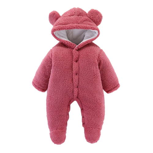 LIIPEE Boys Girls Plush Onesie Warm Solid Color Long Sleeve Hooded Fuzzy Jumpsuit Infant Leisure Holiday School Party One-Pieces,Wine,0-3 Months