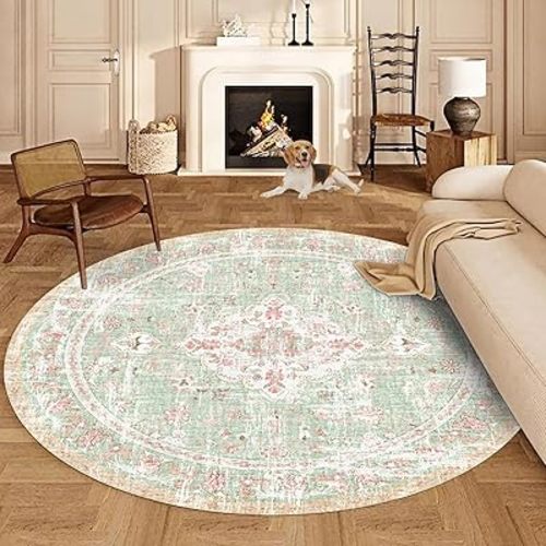 Vhong Boho Area Rugs Vintage Washable Modern Neutral Carpet Green and Pink 9×9 High Traffic Round Rugs for Dinning Room Living Room Bedroom Farmhouse Non Slip
